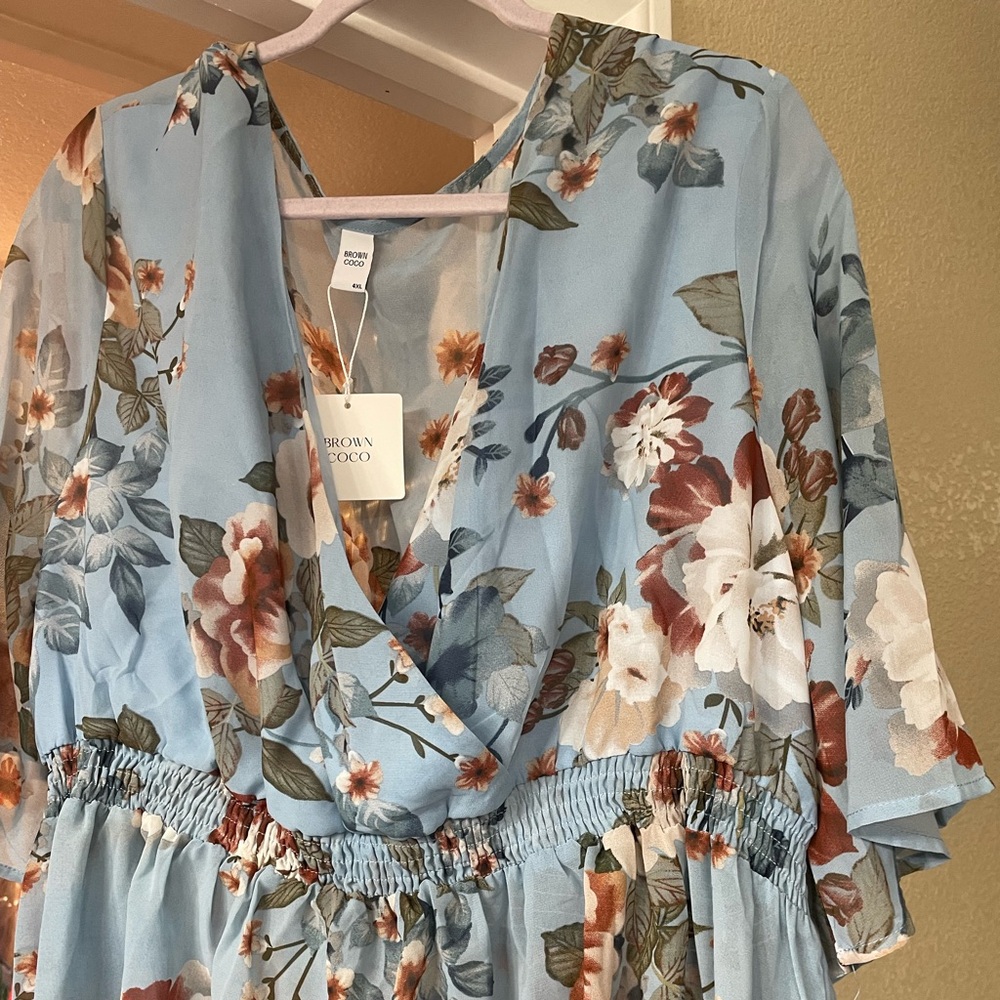 Plus size baby blue and brown hi-low blouse